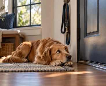 A dog depressed after a breakup lies in front of the door, waiting