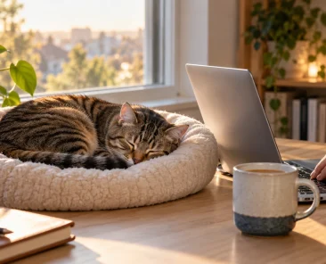 Why does my cat want attention at my desk? A tabby cat naps in a bed beside a laptop