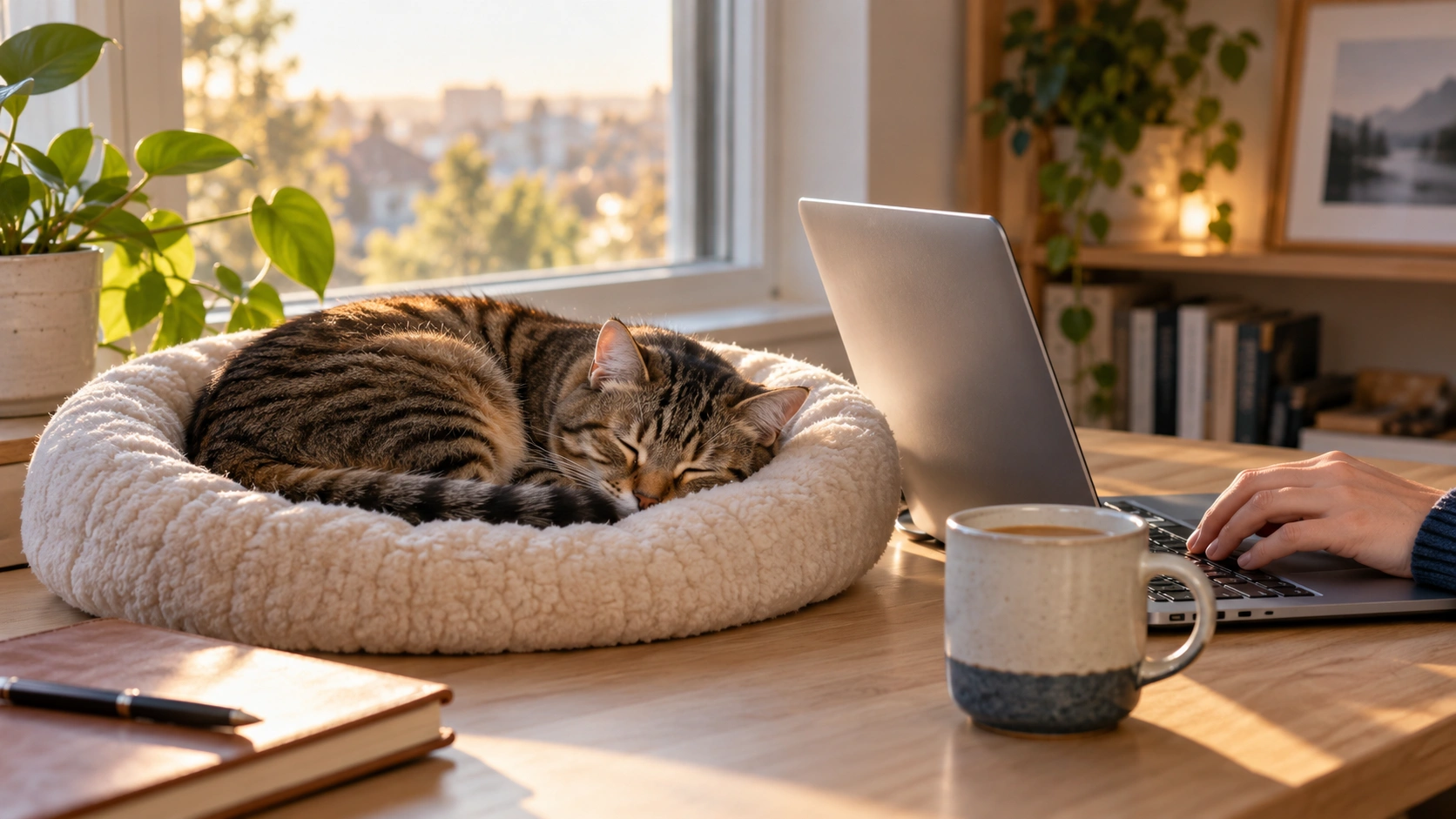 Why does my cat want attention at my desk? A tabby cat naps in a bed beside a laptop